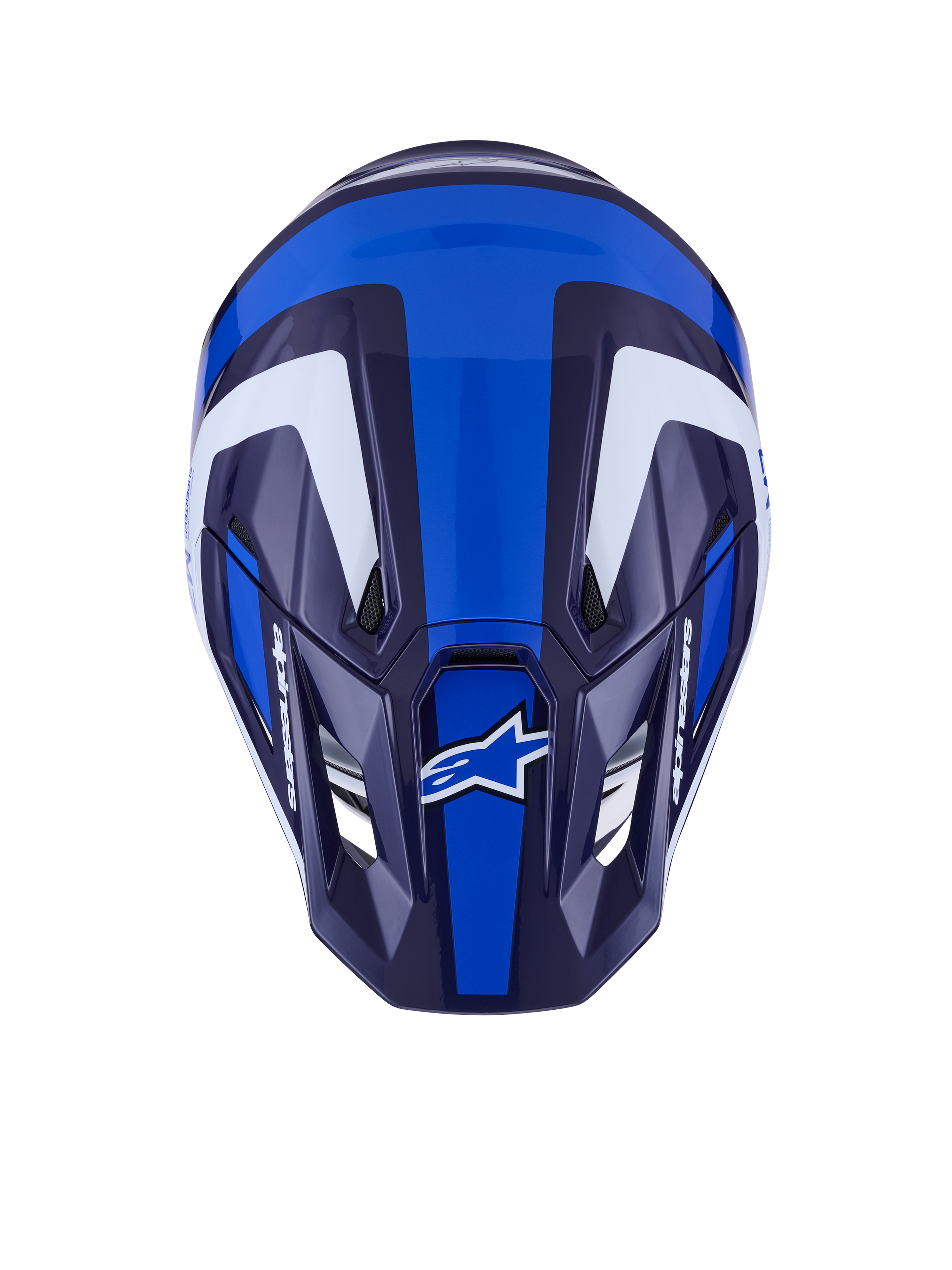 Alpinestars S-M7 Rise-hjälm, motocrosshjälm, blå och vit blank, vy uppifrån som visar det aerodynamiska skalet och ventilationsöppningar, med vit och mörkblå vinkelformad grafik och tydlig logotyp