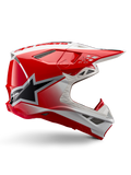 Alpinestars Supertech M10 Unite hjälm, motocrosshjälm, röd och vit högglansig, sidovvy med kantiga geometriska mönster, svart stjärngrafik, flera ventilationsöppningar i nät och aerodynamisk design för terrängkörning