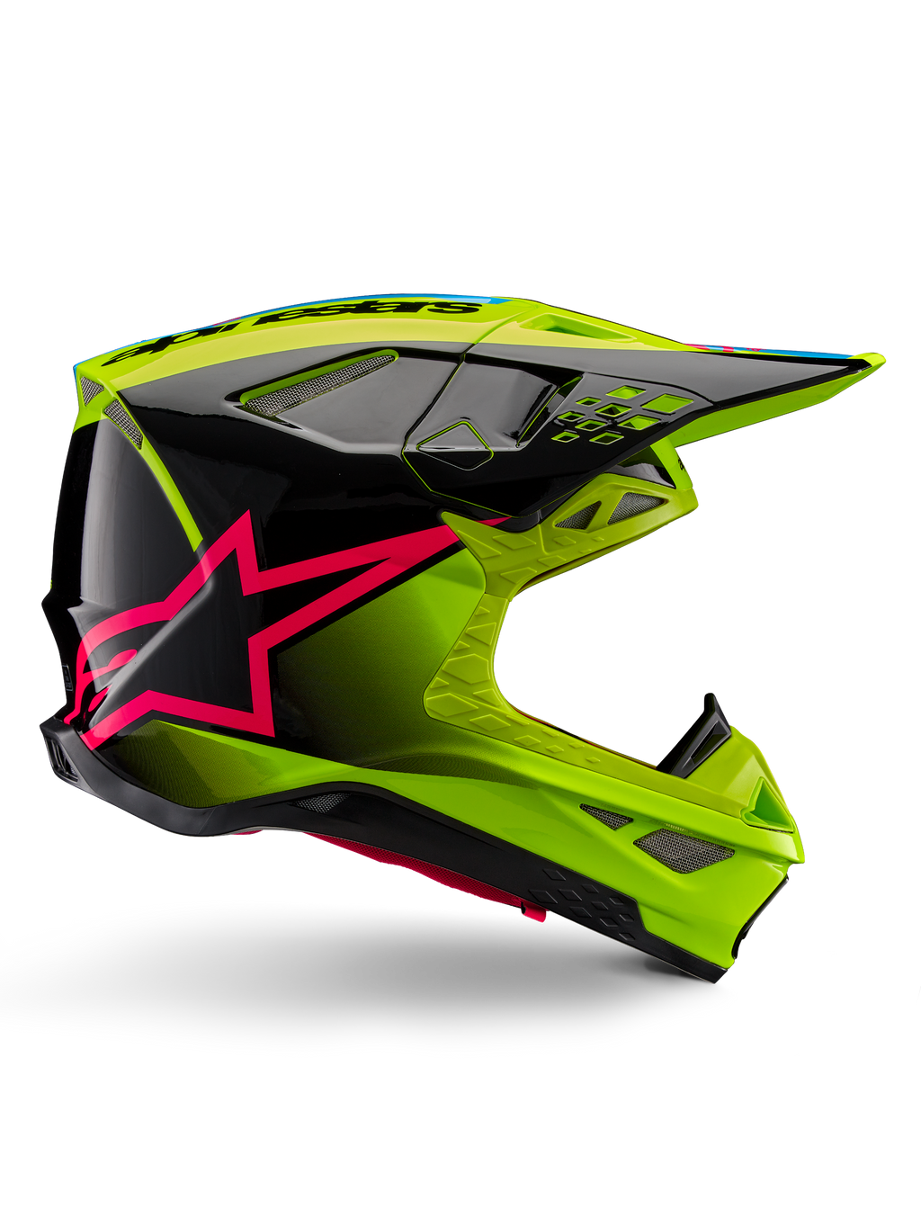 Alpinestars Supertech M10 Unite-hjälm, motocrosshjälm, gul fluo och svart med Diva Pink-stjärngrafik, glansig aerodynamisk design med flera ventilationsöppningar, ECE 22.06-certifierad