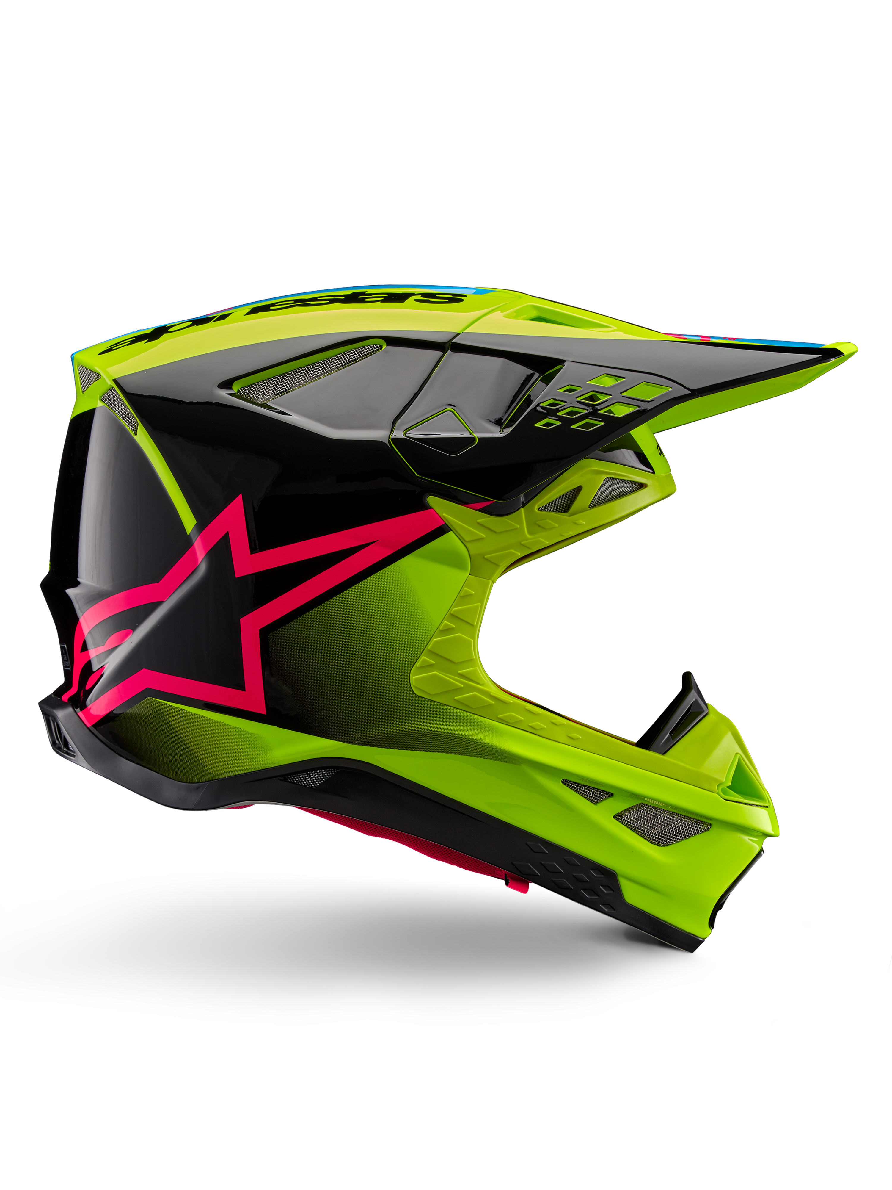 Alpinestars Supertech M10 Unite-hjälm, motocrosshjälm, gul fluo och svart med Diva Pink-stjärngrafik, glansig aerodynamisk design med flera ventilationsöppningar, ECE 22.06-certifierad