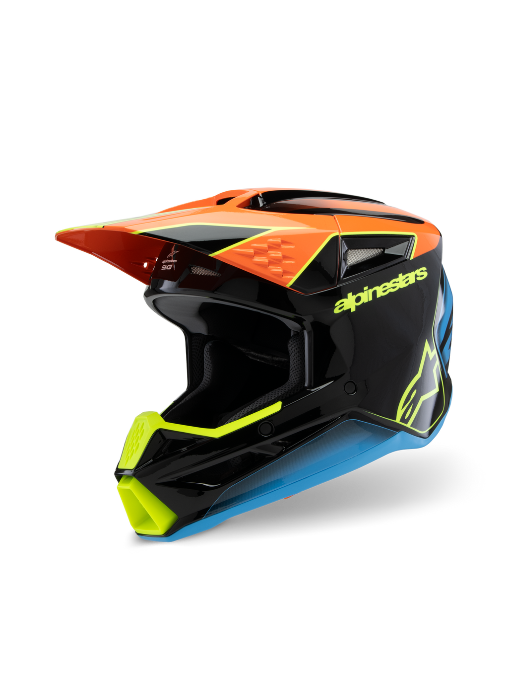 Alpinestars S-M3 Youth Fray Helmet, motocrosshjälm, svart, orange, gul och blå, med en glansig finish, aerodynamisk skärm och tydlig branding för terrängkörning för ungdomar