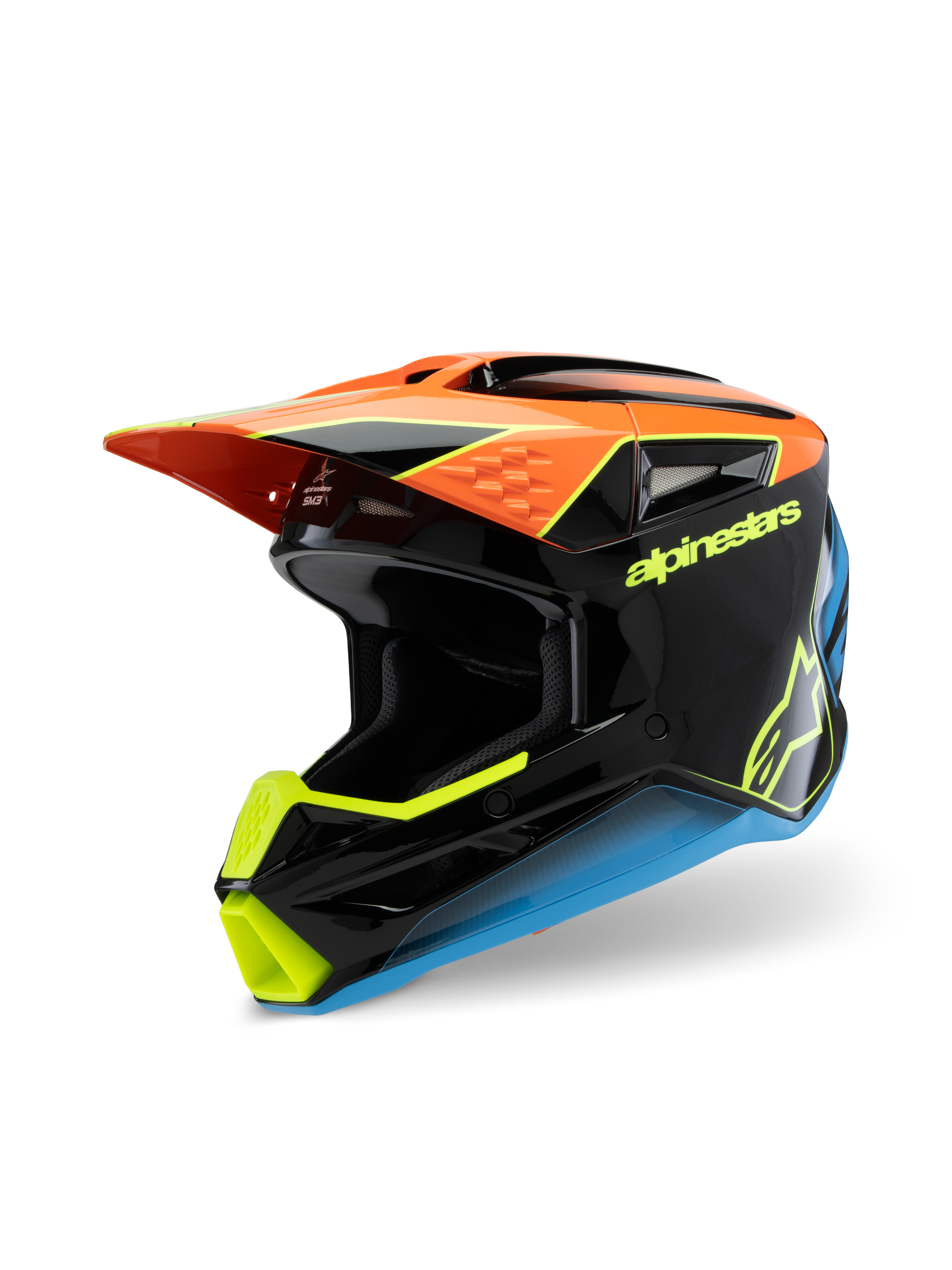 Alpinestars S-M3 Youth Fray Helmet, motocrosshjälm, svart, orange, gul och blå, med en glansig finish, aerodynamisk skärm och tydlig branding för terrängkörning för ungdomar