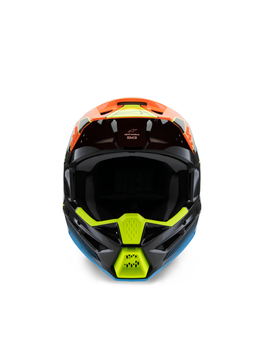 Alpinestars S-M3 Youth Fray-hjälm, frontvy av en svart motocrosshjälm med livfull orange, neongul och blå grafik, designad för ungdomar och terrängkörning