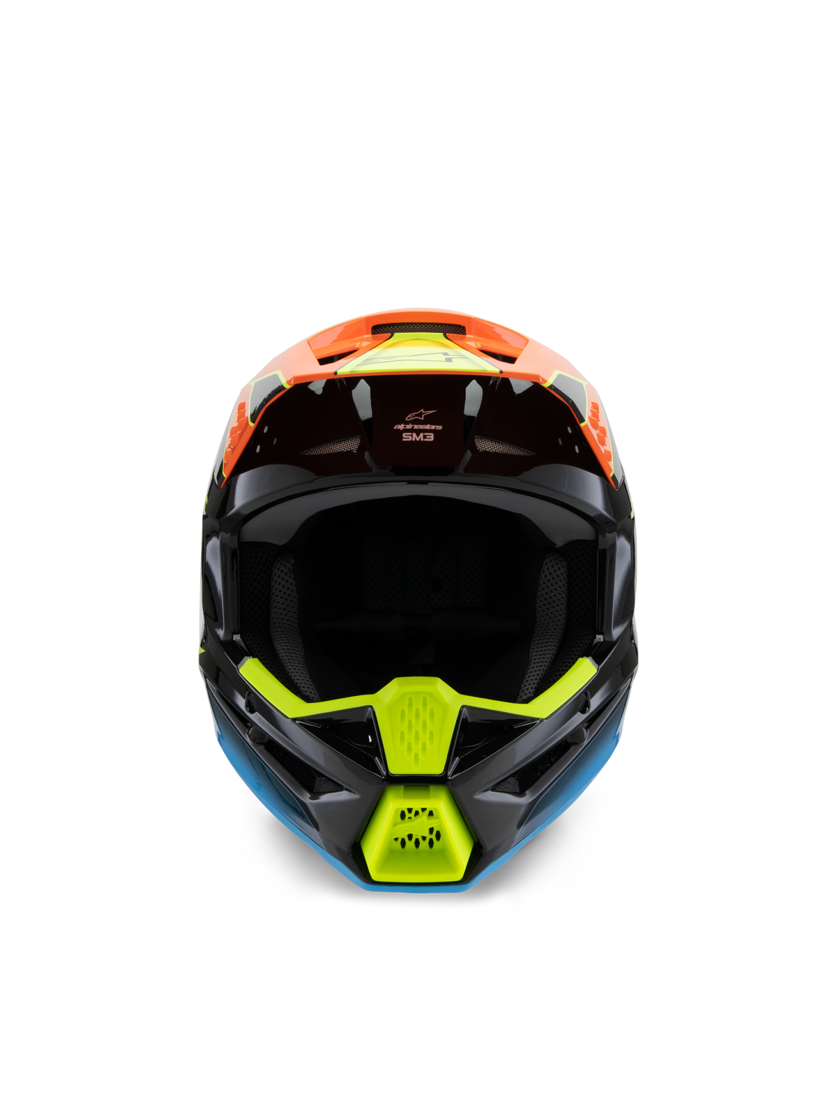 Alpinestars S-M3 Youth Fray-hjälm, frontvy av en svart motocrosshjälm med livfull orange, neongul och blå grafik, designad för ungdomar och terrängkörning