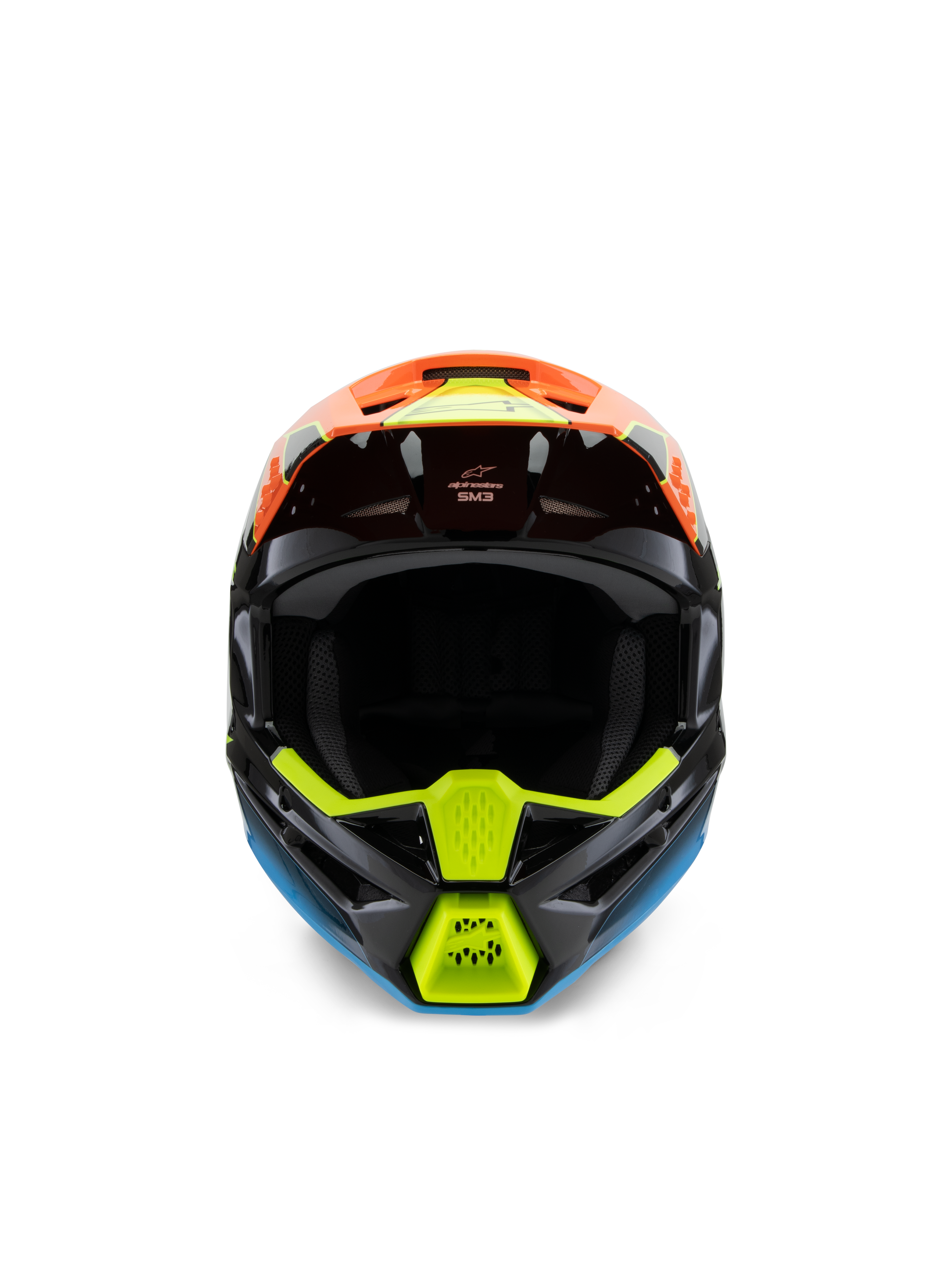 Alpinestars S-M3 Youth Fray-hjälm, frontvy av en svart motocrosshjälm med livfull orange, neongul och blå grafik, designad för ungdomar och terrängkörning