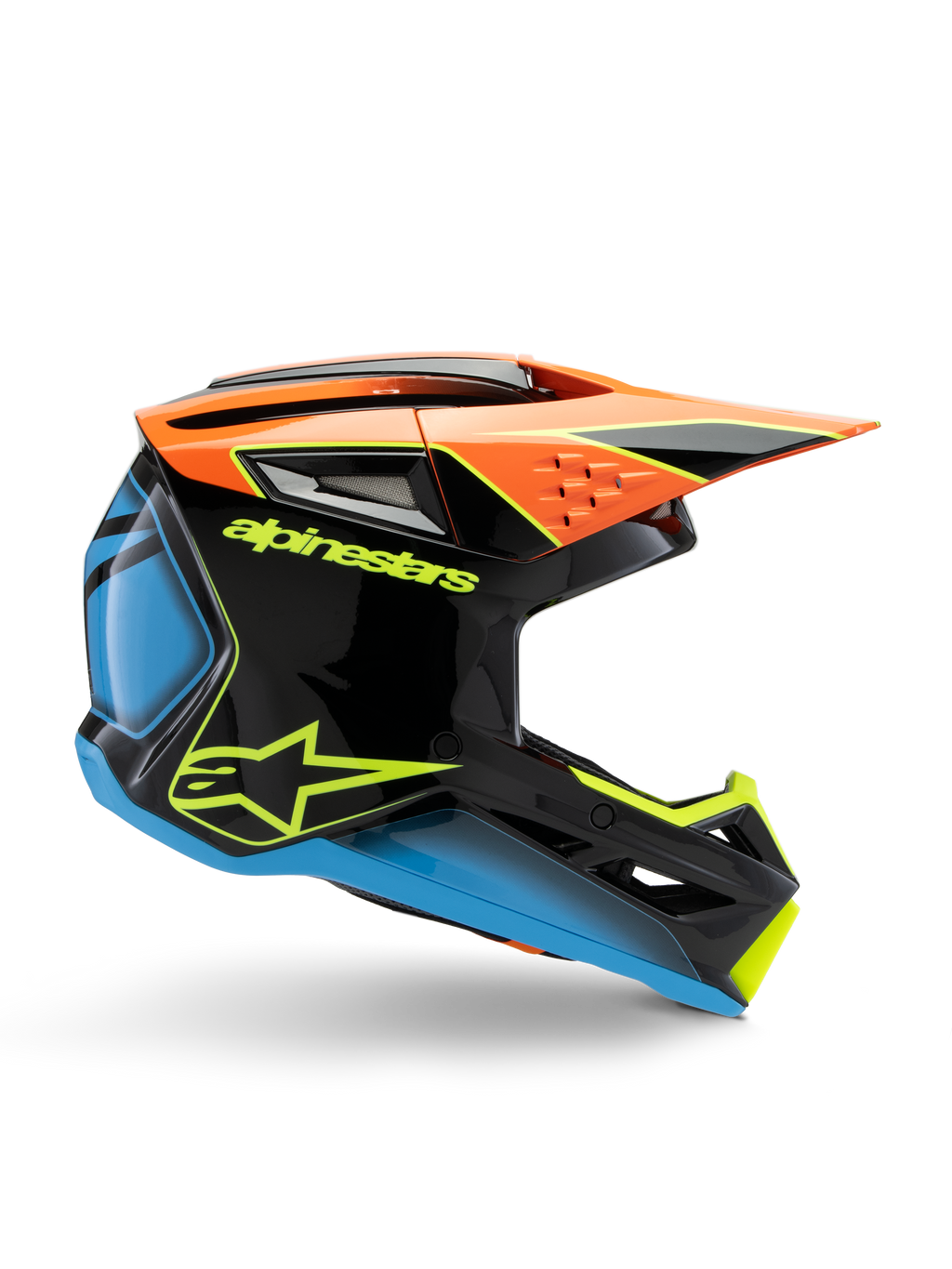Alpinestars S-M3 Youth Fray-hjälm, motocrosshjälm, svart med orange, blå och neongula detaljer, sidoprofilvy som visar aerodynamisk design, luftventiler och vass skärm, glansig finish med tydlig gul logotyp.