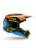 Alpinestars S-M3 Youth Fray-hjälm, motocrosshjälm, svart med orange, blå och neongula detaljer, sidoprofilvy som visar aerodynamisk design, luftventiler och vass skärm, glansig finish med tydlig gul logotyp.