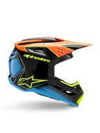 Alpinestars S-M3 Youth Fray-hjälm, motocrosshjälm, svart med orange, blå och neongula detaljer, sidoprofilvy som visar aerodynamisk design, luftventiler och vass skärm, glansig finish med tydlig gul logotyp.