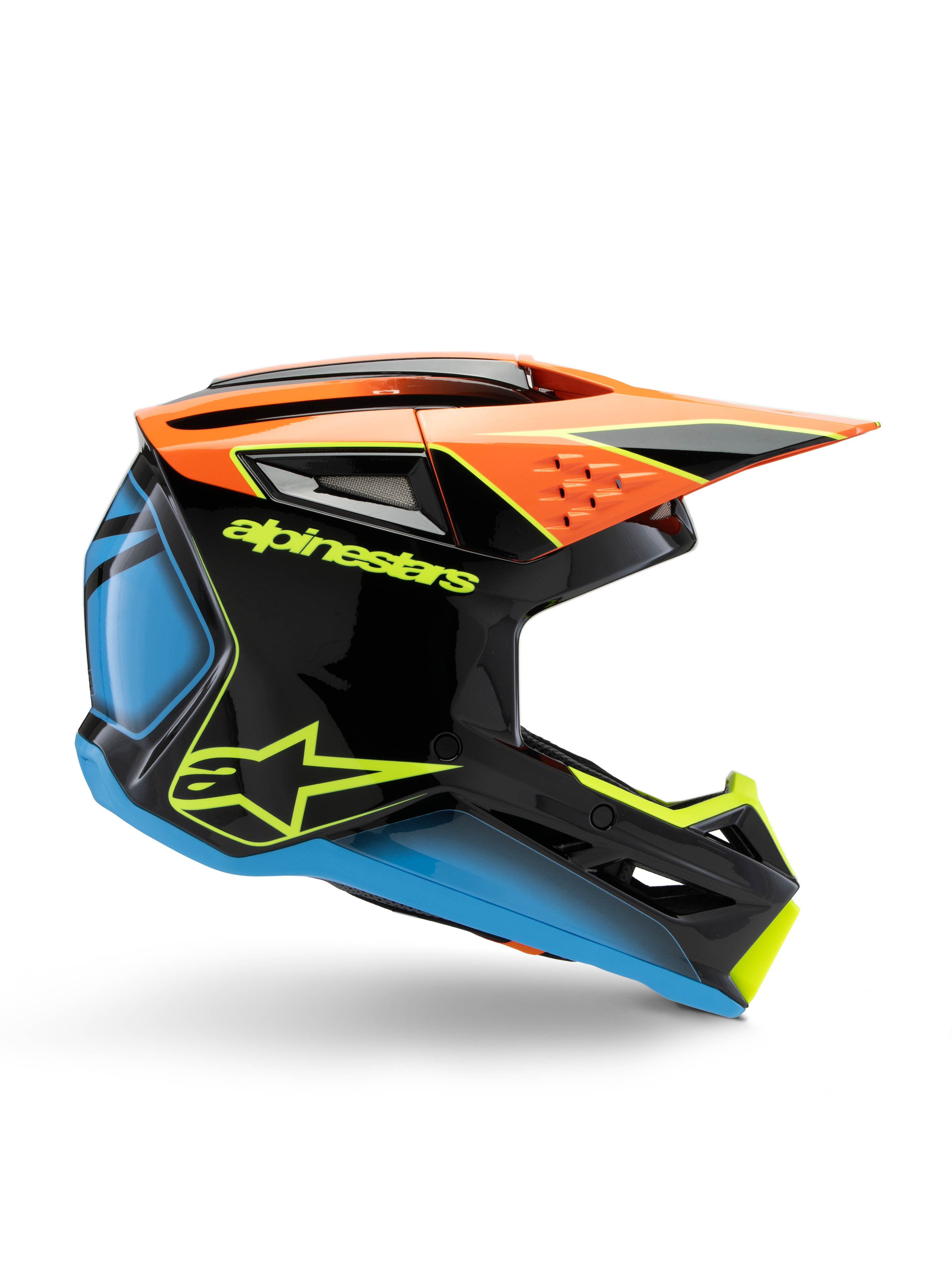 Alpinestars S-M3 Youth Fray-hjälm, motocrosshjälm, svart med orange, blå och neongula detaljer, sidoprofilvy som visar aerodynamisk design, luftventiler och vass skärm, glansig finish med tydlig gul logotyp.
