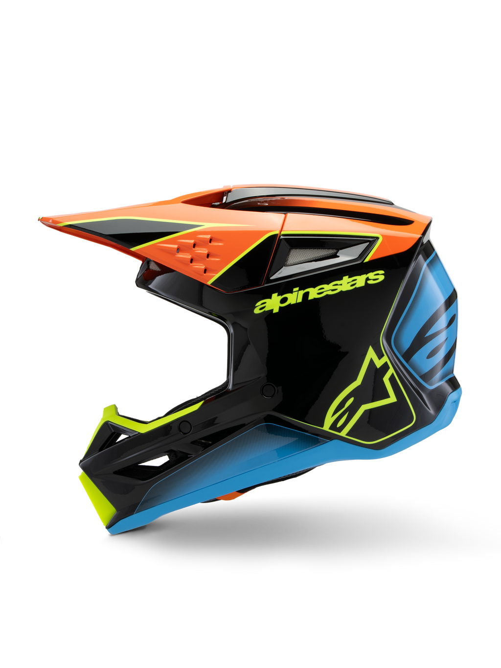 Alpinestars S-M3 Youth Fray hjälm, motocrosshjälm, svart med orange, gula och blå detaljer, profilvy, framträdande Alpinestars-branding, aggressiv design med ett stort visir och ventilationsöppningar, högblank skyddsutrustning för unga terrängförare