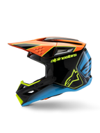 Alpinestars S-M3 Youth Fray hjälm, motocrosshjälm, svart med orange, gula och blå detaljer, profilvy, framträdande Alpinestars-branding, aggressiv design med ett stort visir och ventilationsöppningar, högblank skyddsutrustning för unga terrängförare