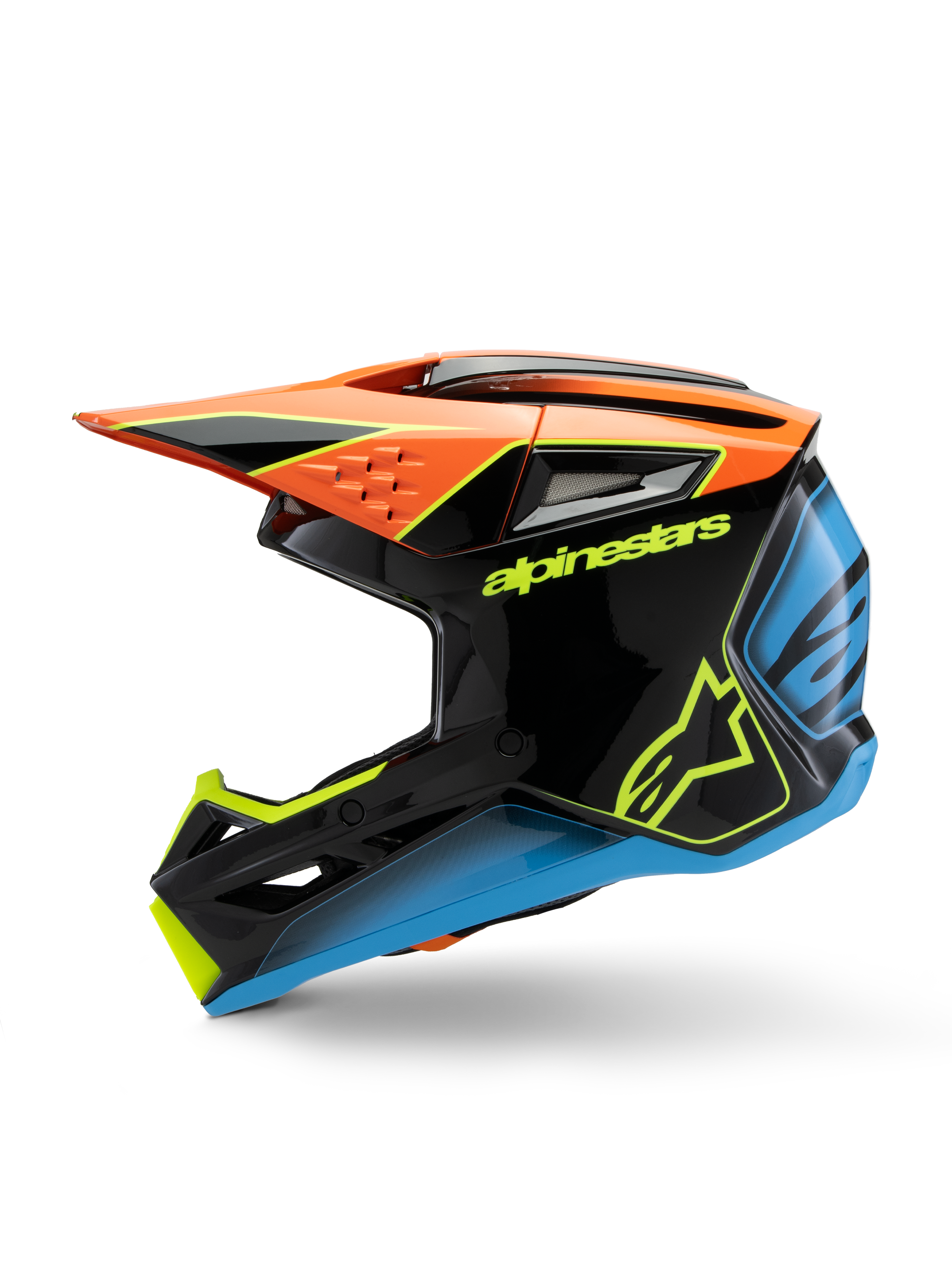 Alpinestars S-M3 Youth Fray hjälm, motocrosshjälm, svart med orange, gula och blå detaljer, profilvy, framträdande Alpinestars-branding, aggressiv design med ett stort visir och ventilationsöppningar, högblank skyddsutrustning för unga terrängförare