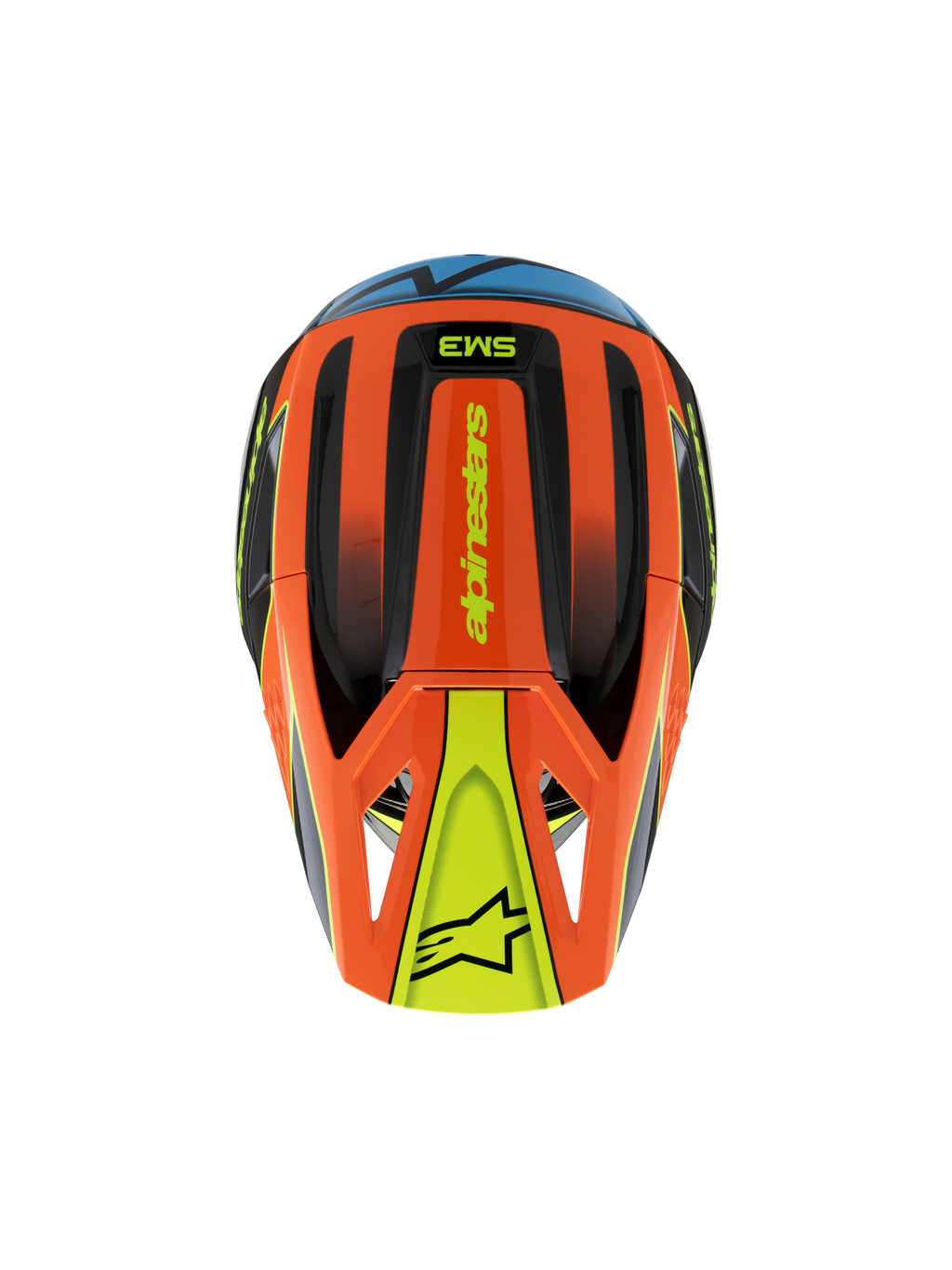 Alpinestars S-M3 Youth Fray-hjälm, vy ovanifrån, orange, svart och gul med blå detaljer, med alpinestars-logotyp och stjärnsymbol på visiret, strömlinjeformad aerodynamisk design för motocross och terrängkörning för ungdomar