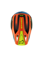 Alpinestars S-M3 Youth Fray-hjälm, vy ovanifrån, orange, svart och gul med blå detaljer, med alpinestars-logotyp och stjärnsymbol på visiret, strömlinjeformad aerodynamisk design för motocross och terrängkörning för ungdomar