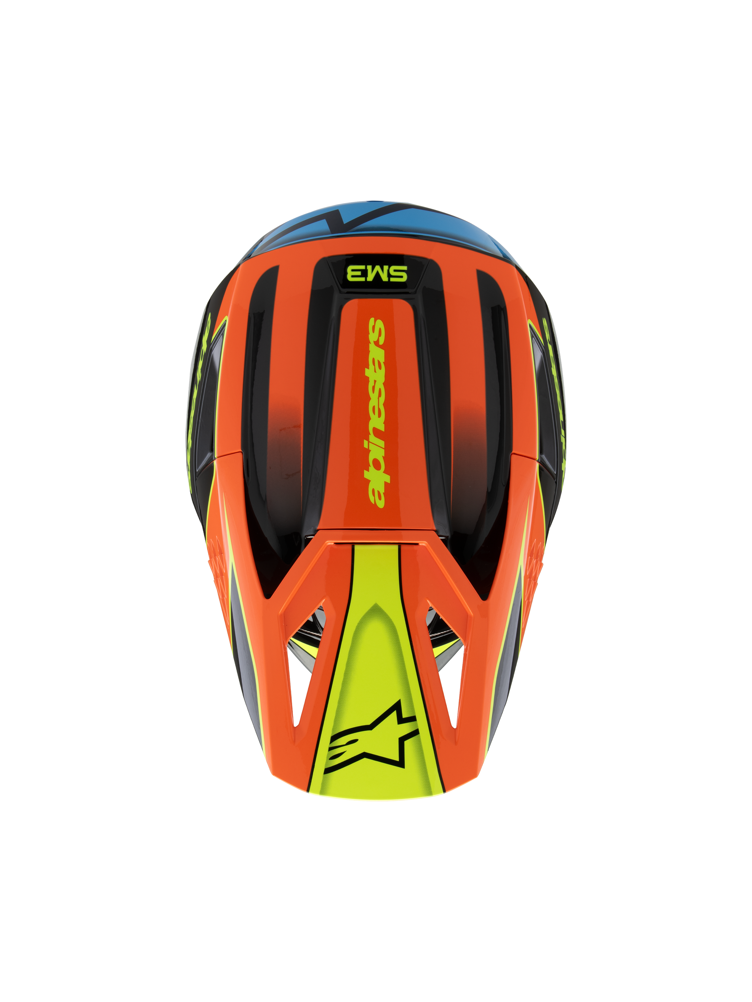 Alpinestars S-M3 Youth Fray-hjälm, vy ovanifrån, orange, svart och gul med blå detaljer, med alpinestars-logotyp och stjärnsymbol på visiret, strömlinjeformad aerodynamisk design för motocross och terrängkörning för ungdomar