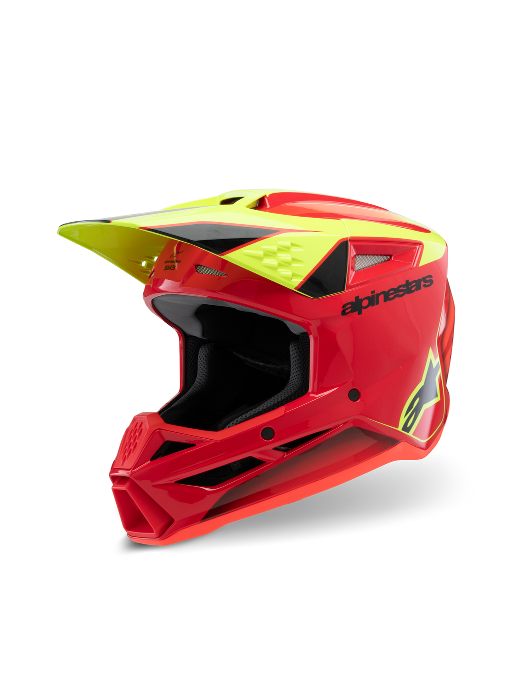 Alpinestars S-M3 Ungdom Fray-hjälm, motocrosshjälm, röd, fluorescerande gul och blanksvart, med aggressiv aerodynamisk design, skyddande visir och flera ventilationsöppningar för terrängprestanda.