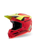 Alpinestars S-M3 Ungdom Fray-hjälm, motocrosshjälm, röd, fluorescerande gul och blanksvart, med aggressiv aerodynamisk design, skyddande visir och flera ventilationsöppningar för terrängprestanda.