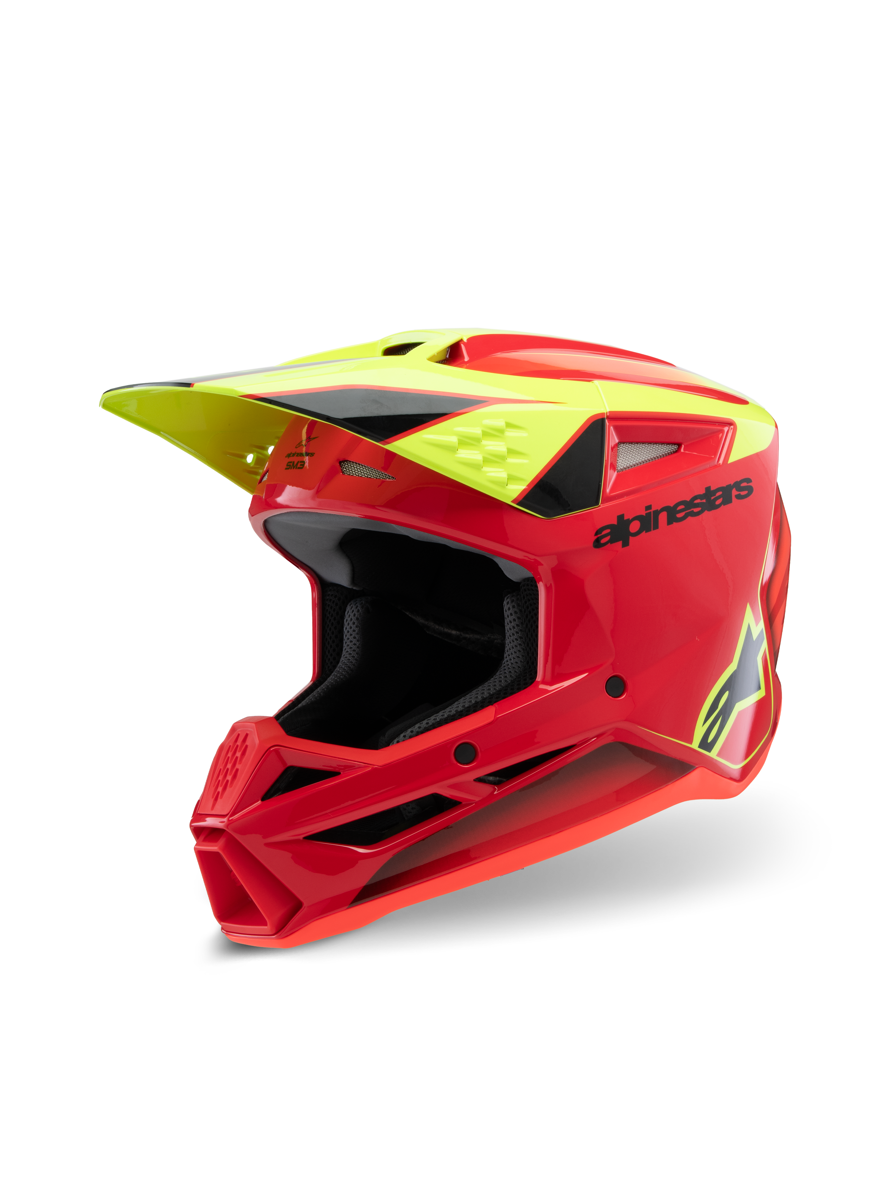 Alpinestars S-M3 Ungdom Fray-hjälm, motocrosshjälm, röd, fluorescerande gul och blanksvart, med aggressiv aerodynamisk design, skyddande visir och flera ventilationsöppningar för terrängprestanda.