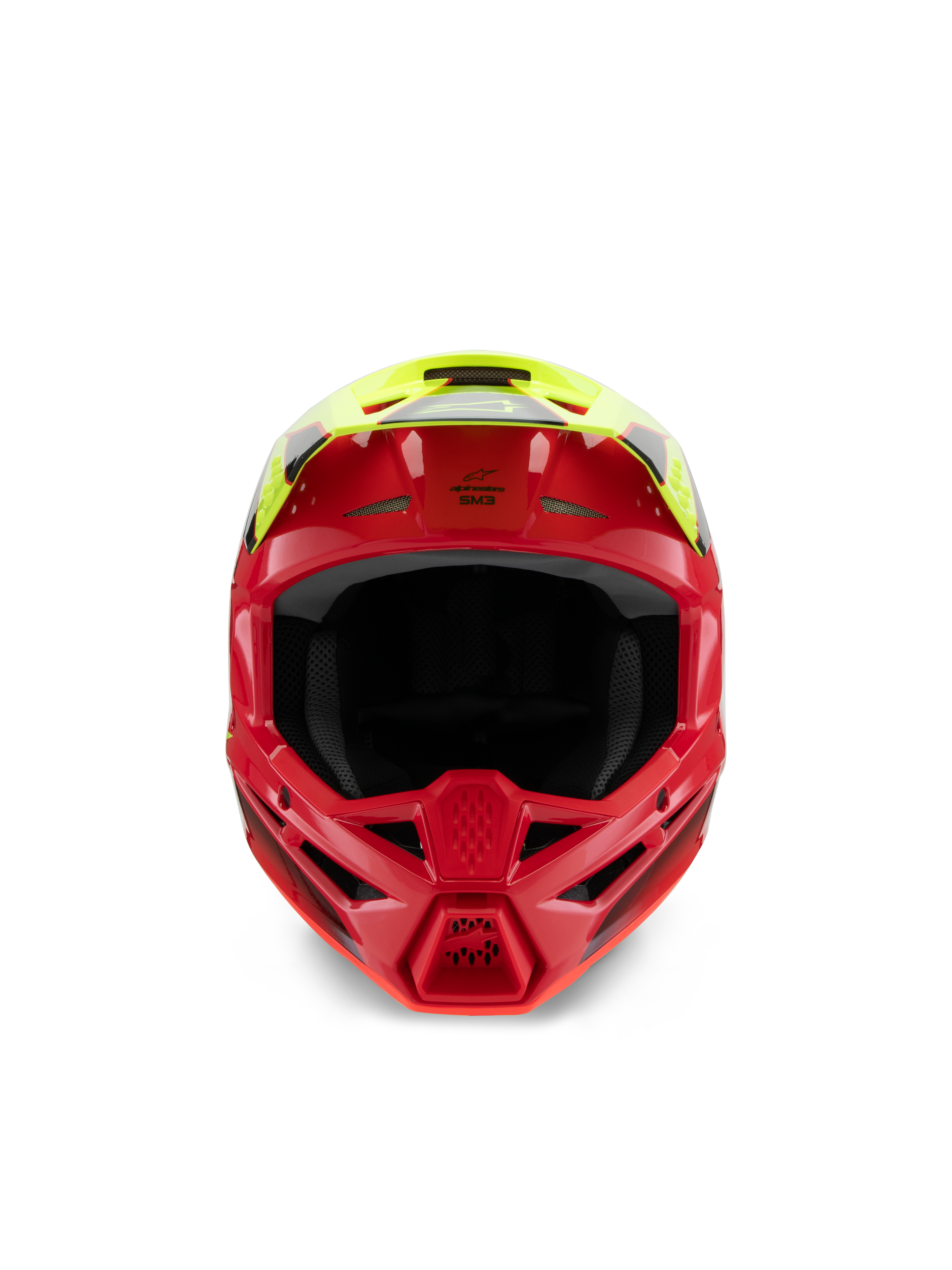 Alpinestars S-M3 Youth Fray-hjälm, motocrosshjälm, röd och neongul glossy, frontvy som framhäver ventilationsintag och aggressivt hakparti, specialiserat huvudskydd för terrängkörning för ungdomsförare