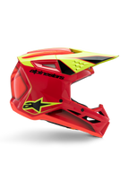 Alpinestars S-M3 Youth Fray-hjälm, motocrosshjälm, röd, neongul och högblank svart, profilvy som visar en strömlinjeformad aerodynamisk design med integrerad skärm och framträdande luftventiler, tydlig svart logotyp på ett rött skal, optimerad för offroad-prestanda för ungdomar
