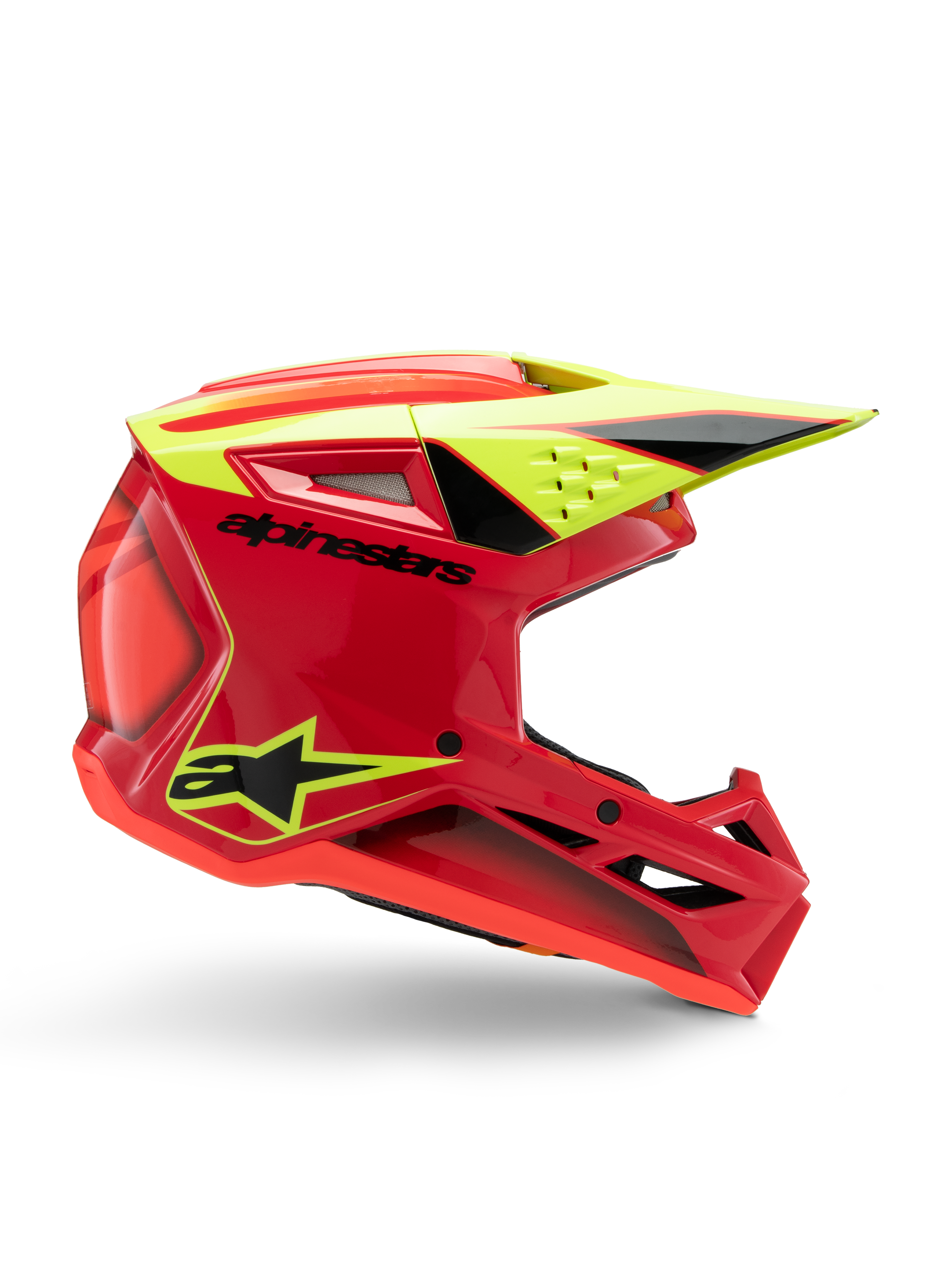 Alpinestars S-M3 Youth Fray-hjälm, motocrosshjälm, röd, neongul och högblank svart, profilvy som visar en strömlinjeformad aerodynamisk design med integrerad skärm och framträdande luftventiler, tydlig svart logotyp på ett rött skal, optimerad för offroad-prestanda för ungdomar