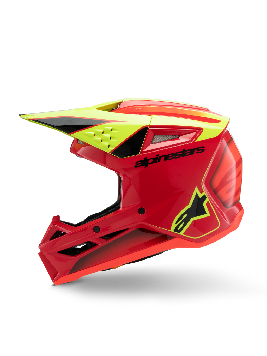 Alpinestars S-M3 Youth Fray-hjälm, motocrosshjälm, röd, gul fluo och blanksvart, profilvy som visar aerodynamiskt visir, ventilationsintag och tydlig logotyp, skyddsutrustning för ungdomar för terrängkörning