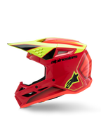 Alpinestars S-M3 Youth Fray-hjälm, motocrosshjälm, röd, gul fluo och blanksvart, profilvy som visar aerodynamiskt visir, ventilationsintag och tydlig logotyp, skyddsutrustning för ungdomar för terrängkörning