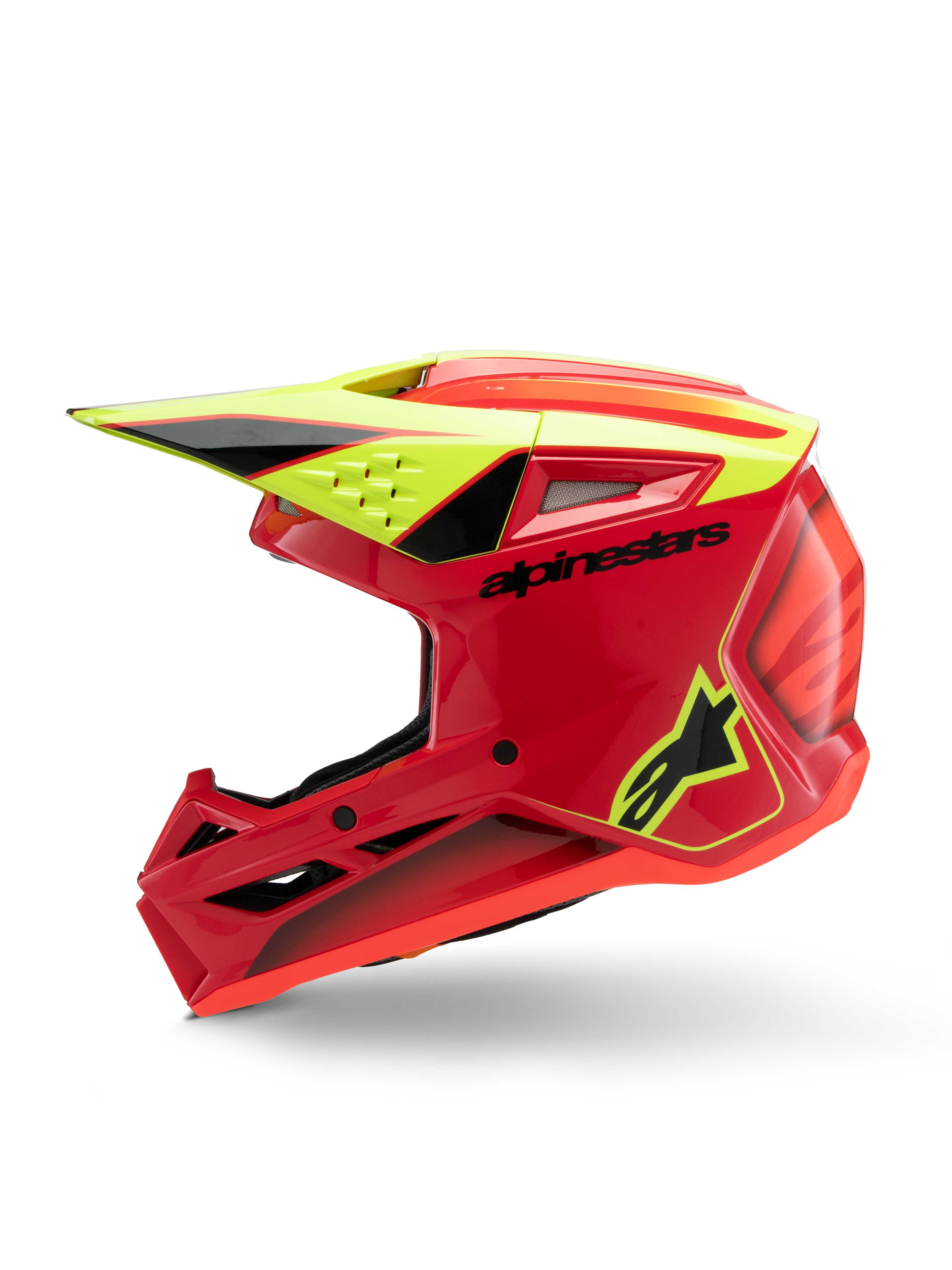 Alpinestars S-M3 Youth Fray-hjälm, motocrosshjälm, röd, gul fluo och blanksvart, profilvy som visar aerodynamiskt visir, ventilationsintag och tydlig logotyp, skyddsutrustning för ungdomar för terrängkörning