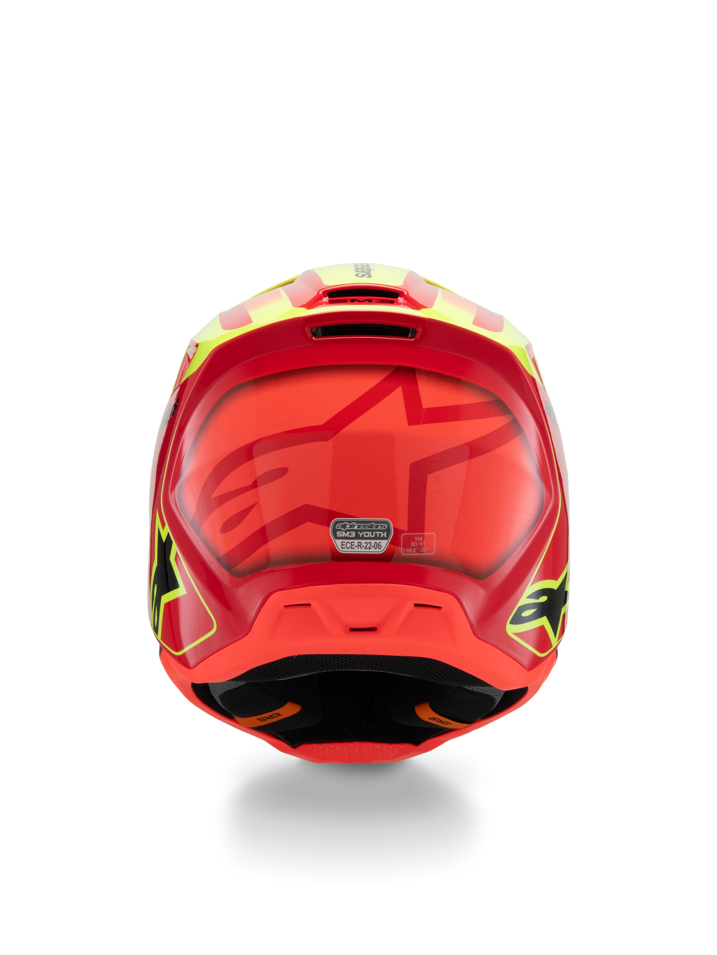 Alpinestars S-M3 Youth Fray-hjälm, motocrosshjälm, röd, neongul och blanksvart, baksida med en stor ton-i-ton-stjärnlogotyp, ECE 22.06-certifieringsdekal och aerodynamisk skaldesign med sidologotyper.