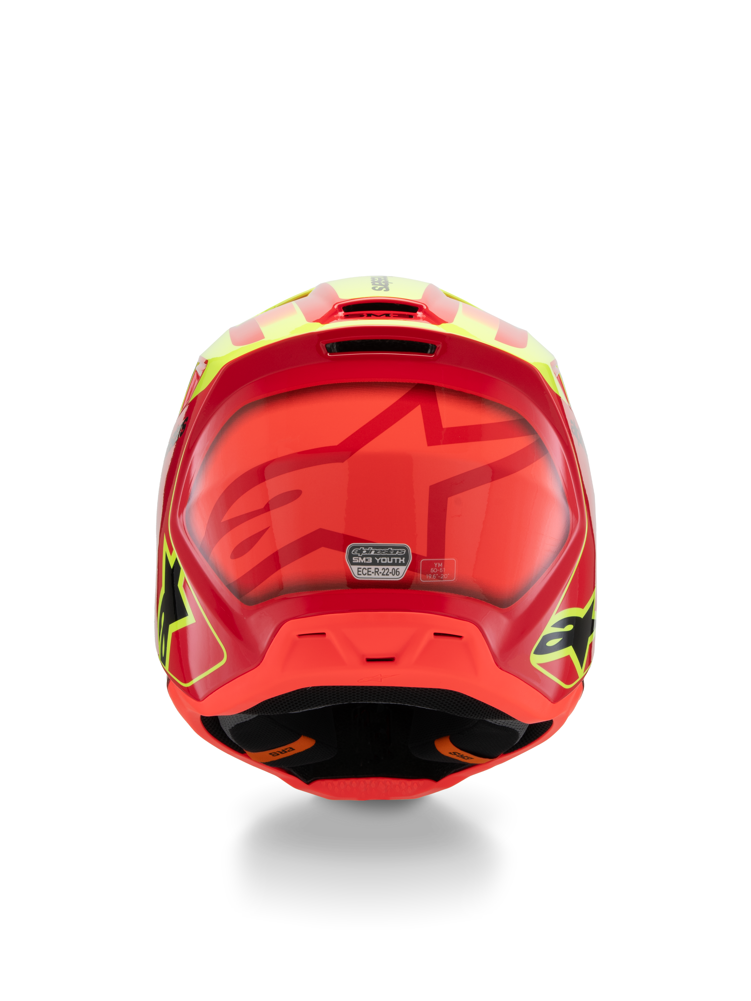 Alpinestars S-M3 Youth Fray-hjälm, motocrosshjälm, röd, neongul och blanksvart, baksida med en stor ton-i-ton-stjärnlogotyp, ECE 22.06-certifieringsdekal och aerodynamisk skaldesign med sidologotyper.
