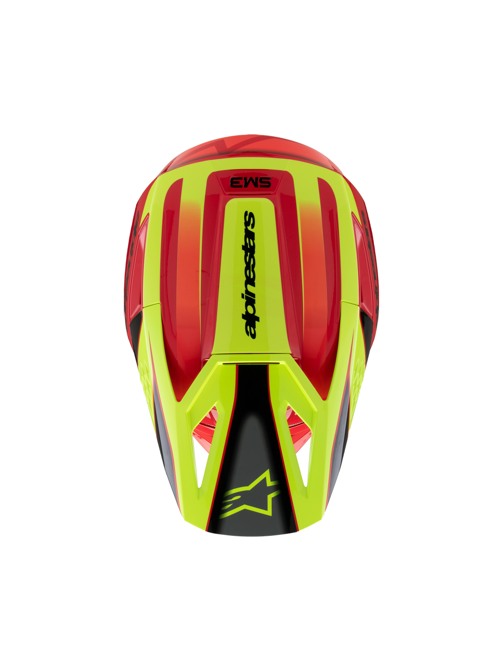 Alpinestars S-M3 Youth Fray-hjälm, motocrosshjälm, röd och fluorescerande gul med svart glansig finish, vy ovanifrån som visar det aerodynamiska skalet och Alpinestars-logotyp på visiret