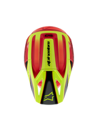 Alpinestars S-M3 Youth Fray-hjälm, motocrosshjälm, röd och fluorescerande gul med svart glansig finish, vy ovanifrån som visar det aerodynamiska skalet och Alpinestars-logotyp på visiret