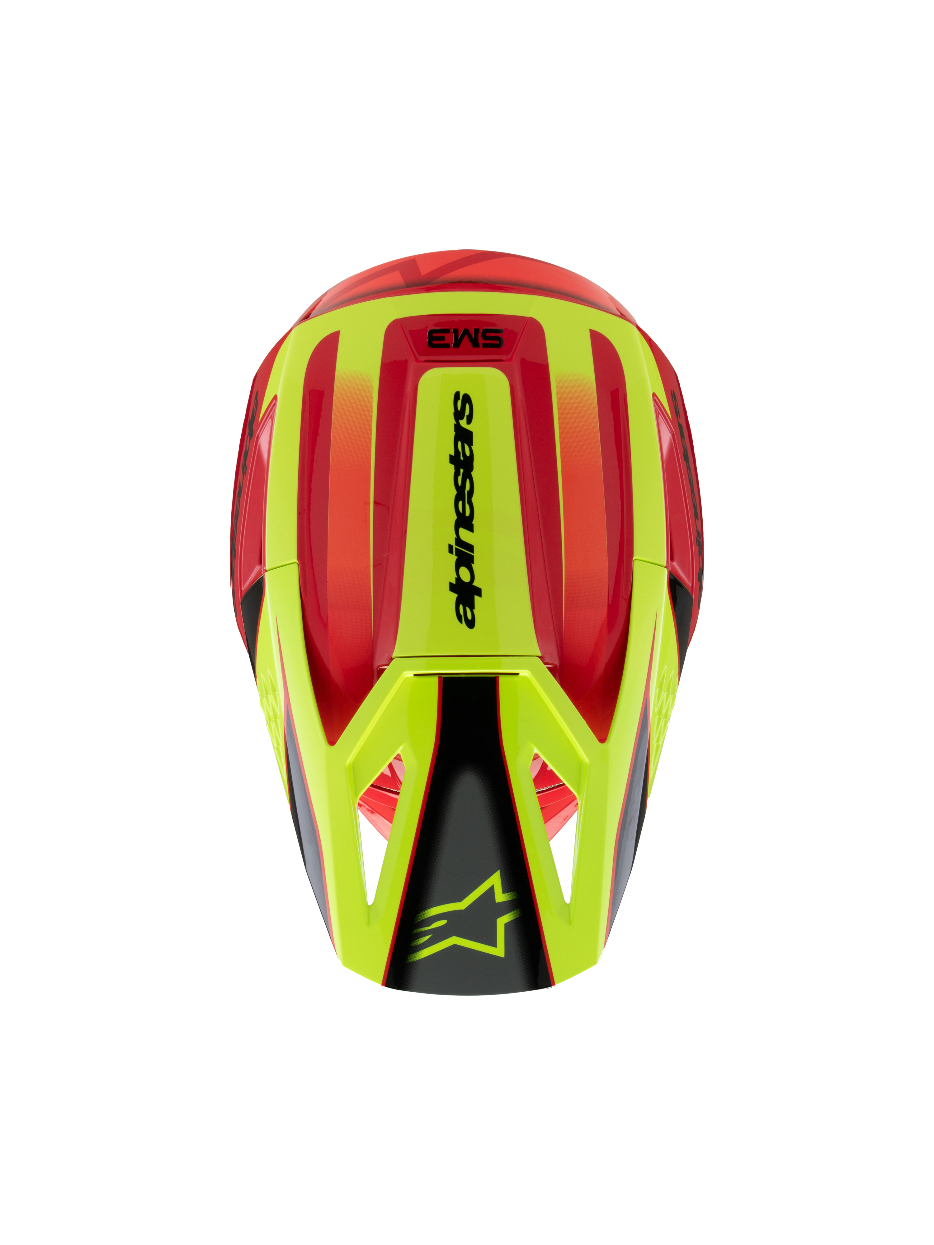 Alpinestars S-M3 Youth Fray-hjälm, motocrosshjälm, röd och fluorescerande gul med svart glansig finish, vy ovanifrån som visar det aerodynamiska skalet och Alpinestars-logotyp på visiret