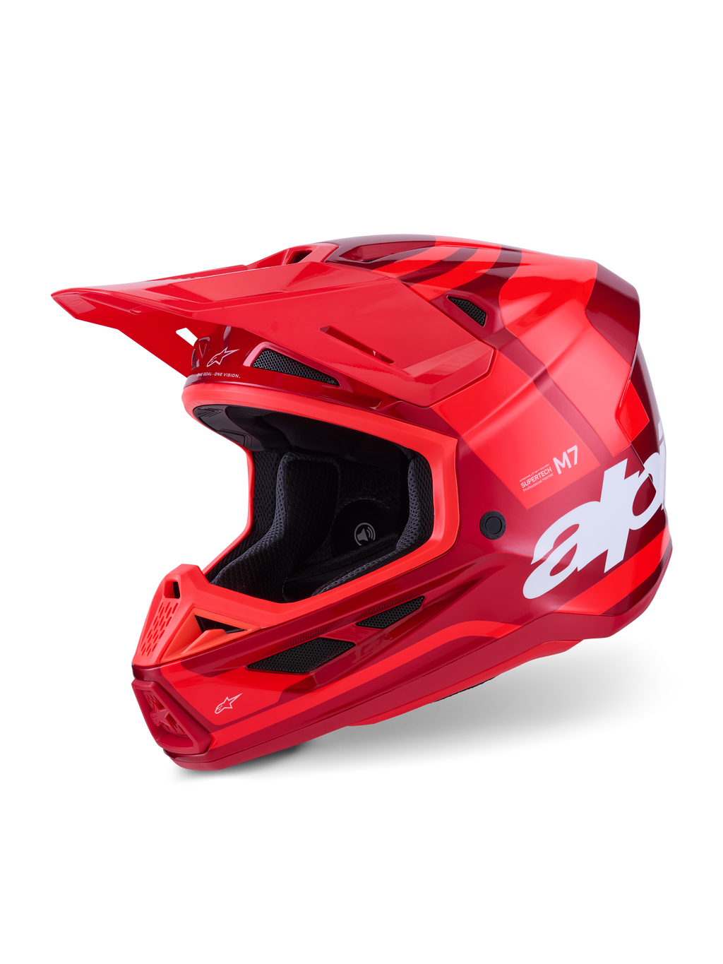 Alpinestars S-M7 Core Helmet, Motocross Helmet, Glossy Red, multi-tone red graphics with large white branding, aerodynamic composite shell with multiple ventilation ports and adjustable visor, professional off-road racing gear