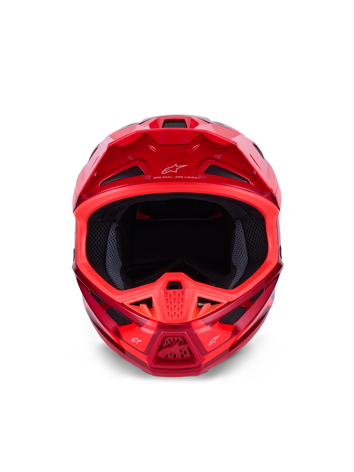 Alpinestars S-M7 Core-hjälm, motocrosshjälm, röd glansig, vy framifrån som visar flera luftintag och aerodynamisk design, Astars-logotyp på visiret och hakpartiet, professionell racingutrustning för terrängkörning