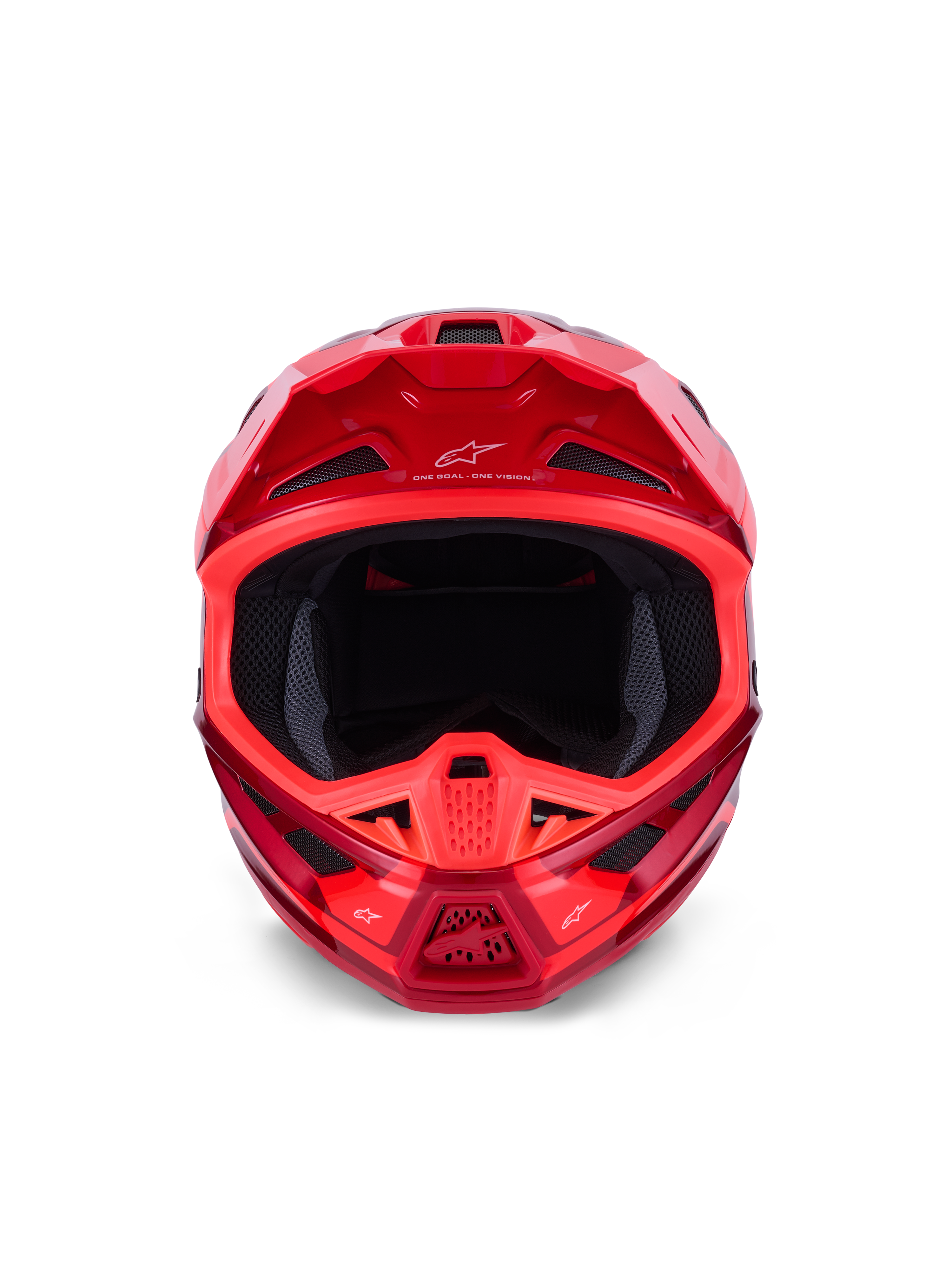 Alpinestars S-M7 Core Helmet, Motocross Helmet, Red Glossy, Front view showing multiple intake vents and aerodynamic design, Astars branding on visor and chin bar, professional off-road racing gear