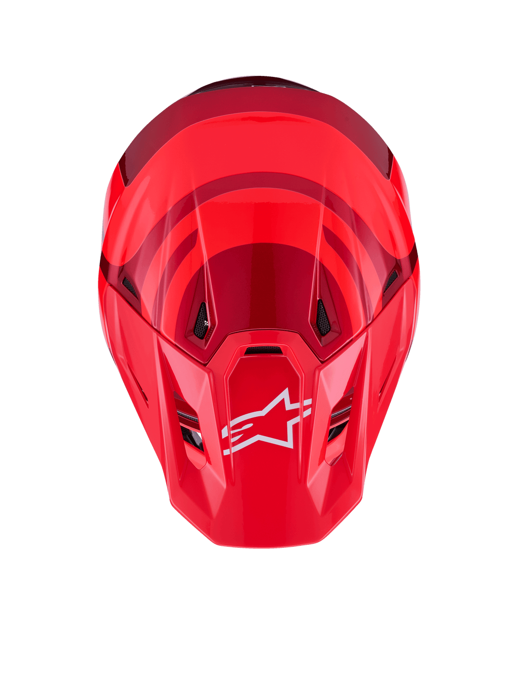 Alpinestars S-M7 Core Helmet, Red Glossy, top-down view featuring aerodynamic shell with darker red accents, white A-star logo on the visor, integrated ventilation ports, high-performance motocross protective gear