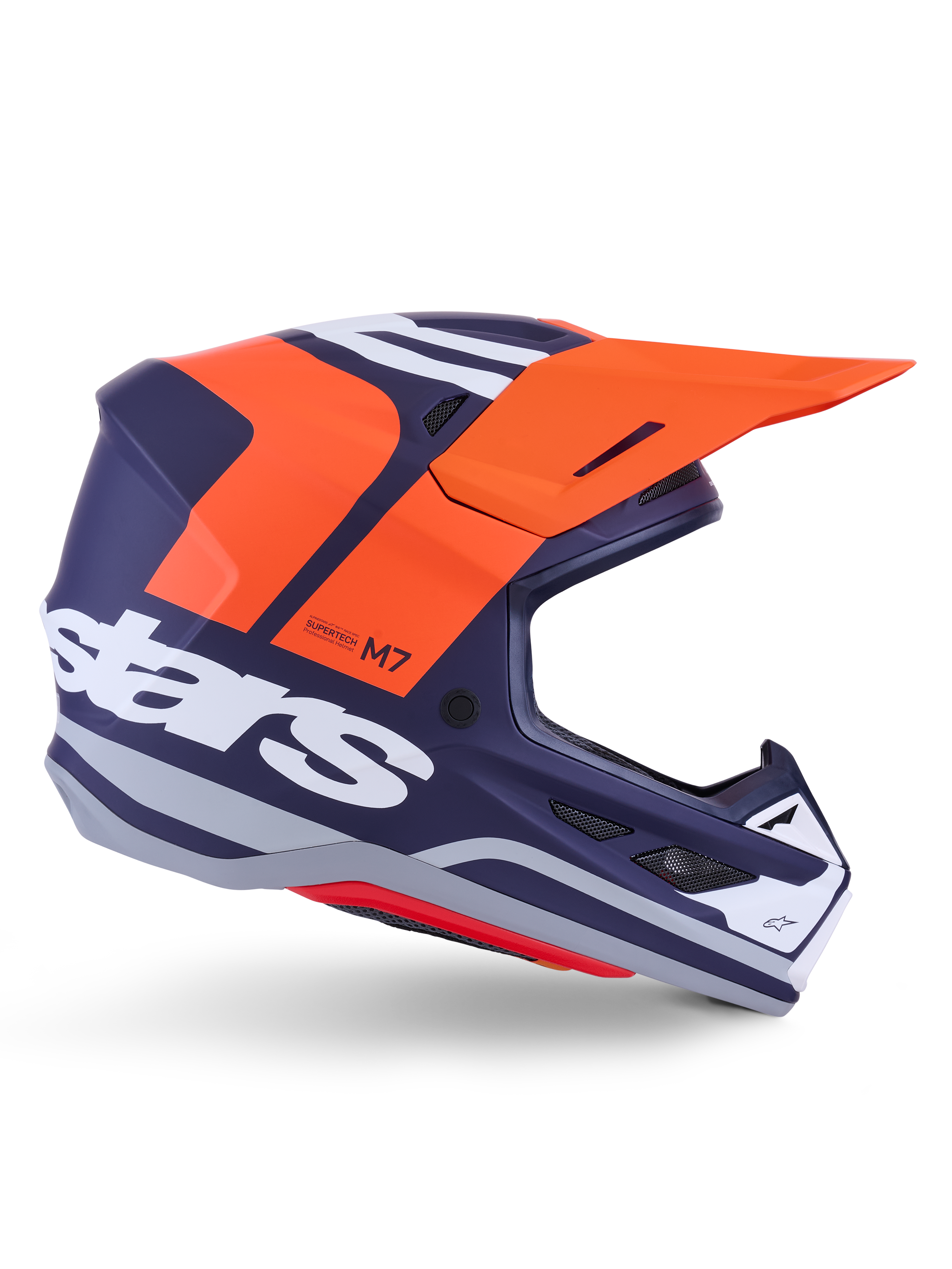 Alpinestars S-M7 Core-hjälm ECE 22.06, motocrosshjälm, matt mörkblå med livfulla orange och vita detaljer, orange visir, aerodynamisk profil med ventilationsöppningar i nät, ECE 22.06-certifierad