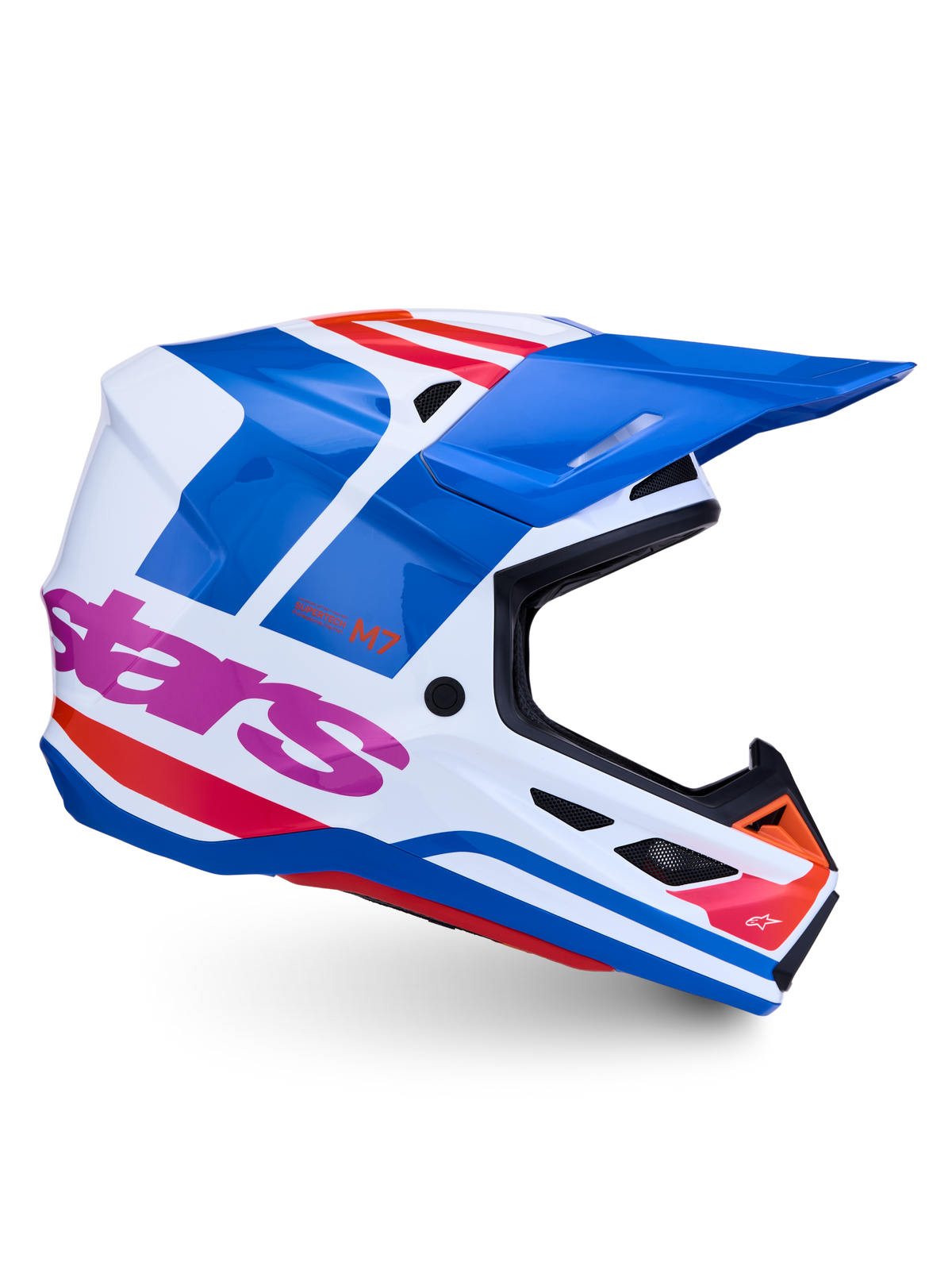 Alpinestars S-M7 Core hjälm ECE06, motocrosshjälm, vit, blå och rosa glansig finish, lättviktskomposit, CE-certifierad.