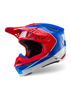 Alpinestars Supertech M10 Aeon-hjälm, motocrosshjälm, klar röd och blå med glansig yta, trekvartsvy som visar aerodynamiskt skal med flera ventilationsöppningar, vita och röda grafiska detaljer, Alpinestars-logotyp på skärmen och sidan, professionell racingutrustning för terrängkörning
