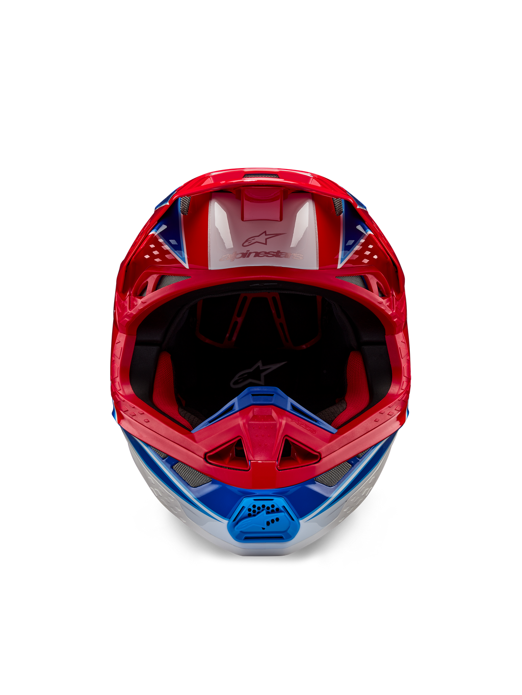 Alpinestars Supertech M10 Aeon ECE 22.06-hjälm, motocrosshjälm, klarröd och blå med glansig finish, vy framifrån med aerodynamiskt skal, ventilerat hakparti och röd invändig vaddering, glansig design för terrängkörning