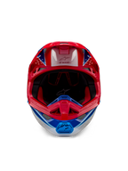 Alpinestars Supertech M10 Aeon ECE 22.06-hjälm, motocrosshjälm, klarröd och blå med glansig finish, vy framifrån med aerodynamiskt skal, ventilerat hakparti och röd invändig vaddering, glansig design för terrängkörning