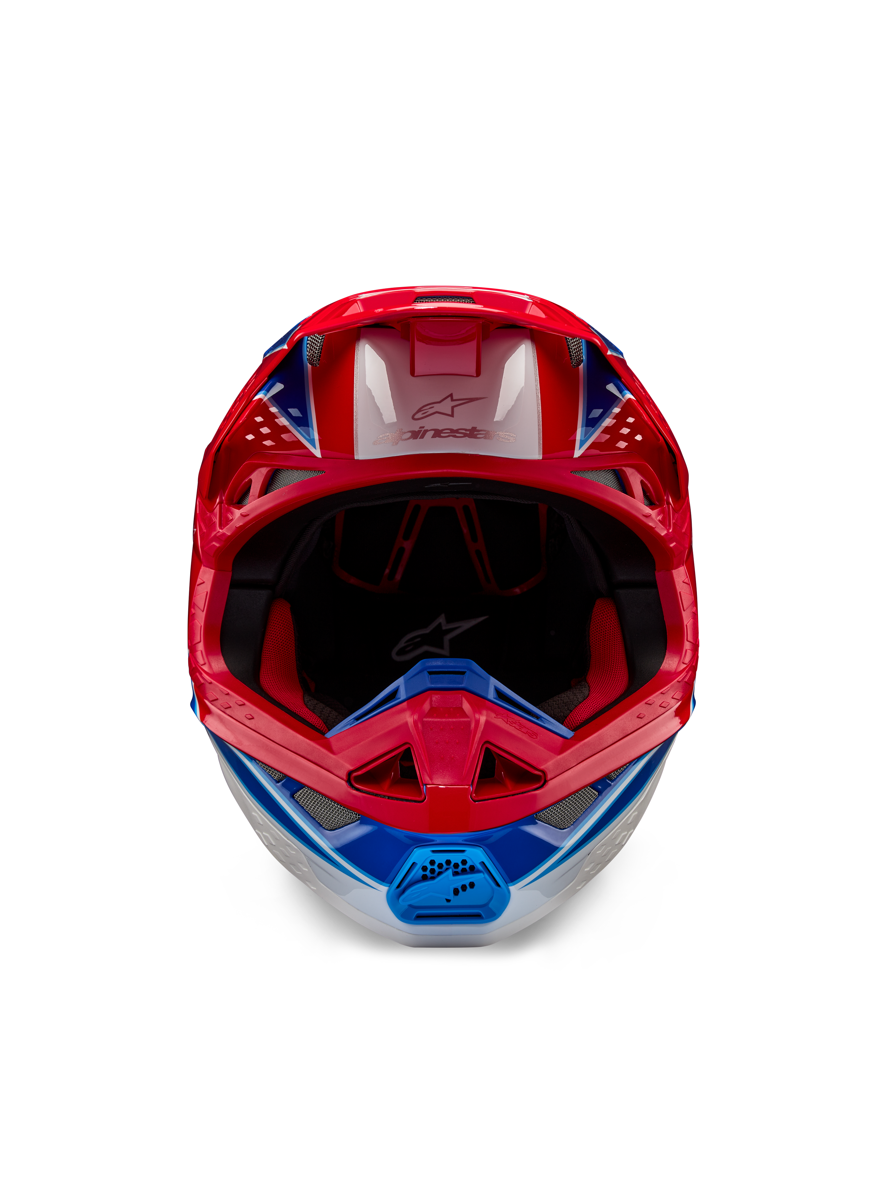 Alpinestars Supertech M10 Aeon ECE 22.06-hjälm, motocrosshjälm, klarröd och blå med glansig finish, vy framifrån med aerodynamiskt skal, ventilerat hakparti och röd invändig vaddering, glansig design för terrängkörning