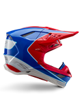Alpinestars Supertech M10 Aeon hjälm, motocrosshjälm, klar röd, blå och vit, glansig finish, aerodynamisk sidoprofil med flera nät-täckta ventilationsöppningar, kantiga konturer och skärm