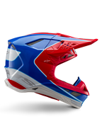 Alpinestars Supertech M10 Aeon hjälm, motocrosshjälm, klar röd, blå och vit, glansig finish, aerodynamisk sidoprofil med flera nät-täckta ventilationsöppningar, kantiga konturer och skärm