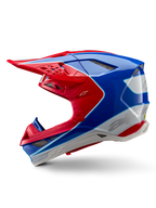 Alpinestars Supertech M10 Aeon ECE 22.06-hjälm, motocrosshjälm, klarröd och blå glansig yta, profilvy från sidan, aerodynamiskt multikompositskal med integrerade ventilationsportar och röd och blå grafisk design, glansig finish för terrängkörning