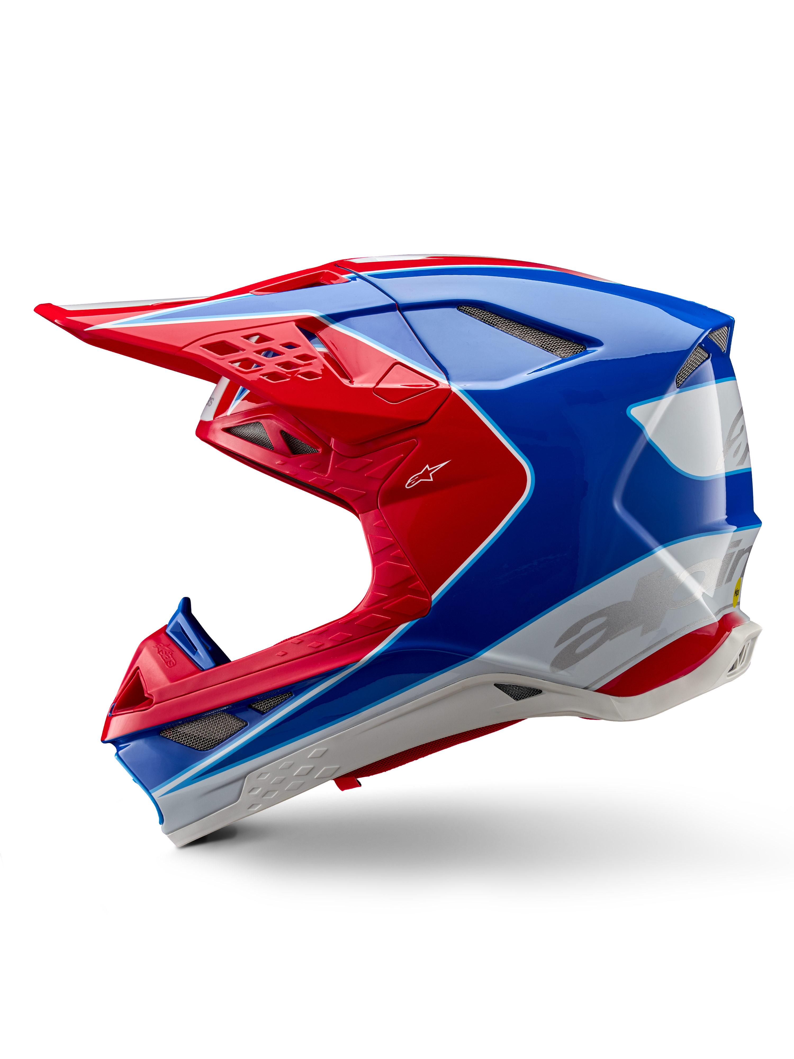 Alpinestars Supertech M10 Aeon ECE 22.06-hjälm, motocrosshjälm, klarröd och blå glansig yta, profilvy från sidan, aerodynamiskt multikompositskal med integrerade ventilationsportar och röd och blå grafisk design, glansig finish för terrängkörning