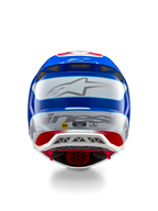 Alpinestars Supertech M10 Aeon ECE 22.06 hjälm, motocrosshjälm, vy bakifrån, ljusröd och blå glansig finish, stor silverfärgad Alpinestars-logotyp, flera ventilationsportar, MIPS- och ECE-säkerhetsdekaler, professionellt racingskydd