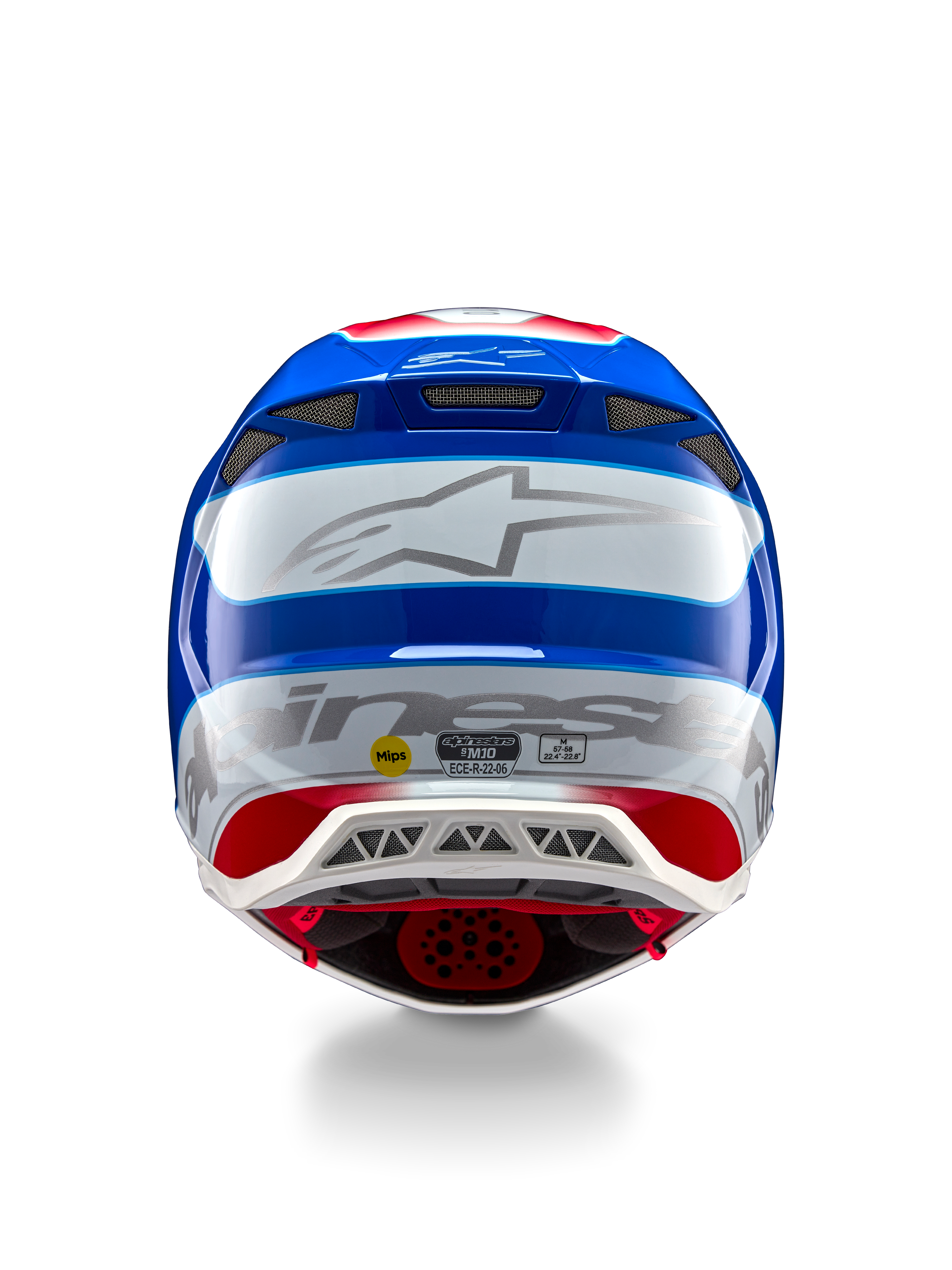 Alpinestars Supertech M10 Aeon ECE 22.06 hjälm, motocrosshjälm, vy bakifrån, ljusröd och blå glansig finish, stor silverfärgad Alpinestars-logotyp, flera ventilationsportar, MIPS- och ECE-säkerhetsdekaler, professionellt racingskydd