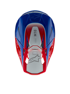 Alpinestars Supertech M10 Aeon hjälm, motocrosshjälm, klarröd och blå glansig, vy uppifrån som visar silverfärgad mittpanel med M10-logotyp, aerodynamiskt skal med röda och blå accenter, ventilationsportar i nät, högpresterande huvudskydd för motocross